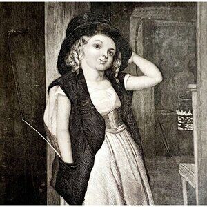 The Disguise Adorable Girl In Hat Steel Engraving 1859 Victorian Art DWY5D